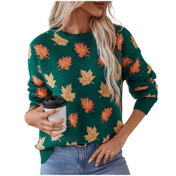 Felirenzacia Women's Fall Oversized Sweaters Casual Crewneck Pullover Long Sleeve Fuzzy Chunky Knit Tops Blouse Maple Leaf Pattern