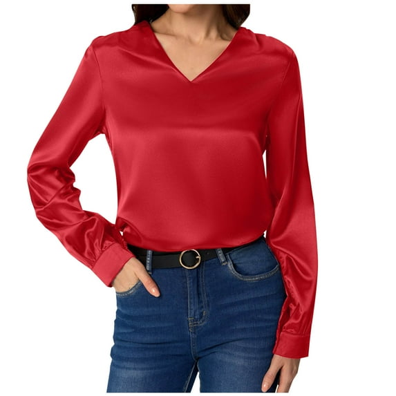 Felirenzacia Women's Satin Silk Blouse V Neck Long Sleeve Casual Business Work Shirt