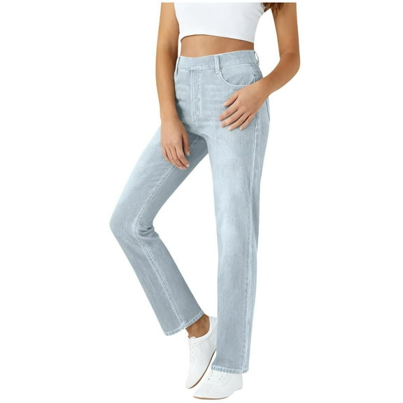 Felirenzacia Women's Faux Denim Pants, No Boundaries Full Length Straight Leg Denim Look Pants