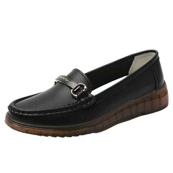 Felirenzacia Women’s Faux Leather Loafers Shoes, Slip-On Dress Shoes, Low Wedge Heel Metal Bit Office Flats Shoes, Business Casual Footwear for Women