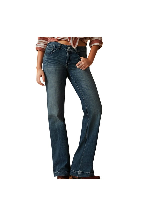 Women’s Flare Low Rise Jeans, Stretchy Slimming Jeggings with Pockets, Comfortable 90s Vintage Zimbaplatinum Washed Denim Jeans