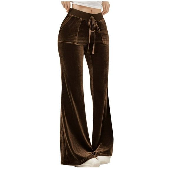 Felirenzacia Women's Flared Velvet Lounge Pants with Drawstring Waist and Pockets – High Waisted Wide Leg Velour Trousers for Casual,Yoga