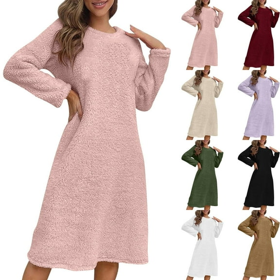 Felirenzacia Women’s Fleece Dress, Fall Winter Pajama Dress, Cozy Warm Lounge Wear, Casual Long Sleeves Dress