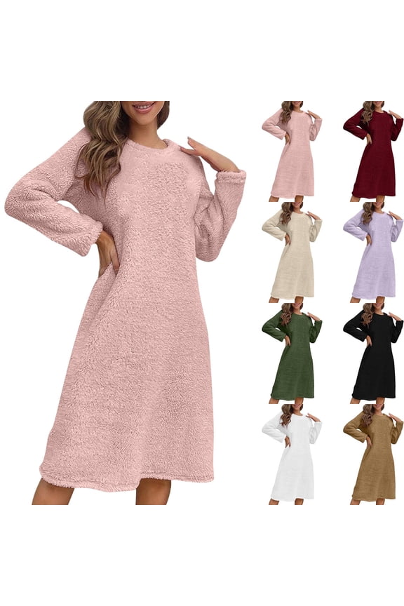 Women’s Fleece Dress, Fall Winter Pajama Dress, Cozy Warm Lounge Wear, Casual Long Sleeves Dress