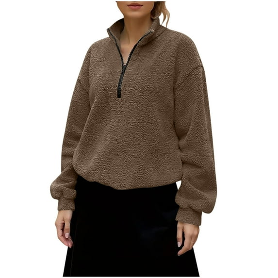 Felirenzacia Women's Fleece Lined Half Zip Lapel Collar Pullover Tops, Sherpa Fleece Fuzzy Quarter Zip Sweatshirt, Size: S-2XL