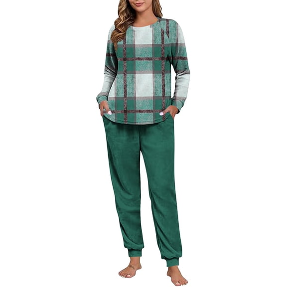 Felirenzacia Women's Fleece Lined Plaid Pajamas Set with Pockets, Long Sleeves Tartan Shirt with Cuffed Long Pants, Soft Thermal Sweatshirt Sets for Ladies