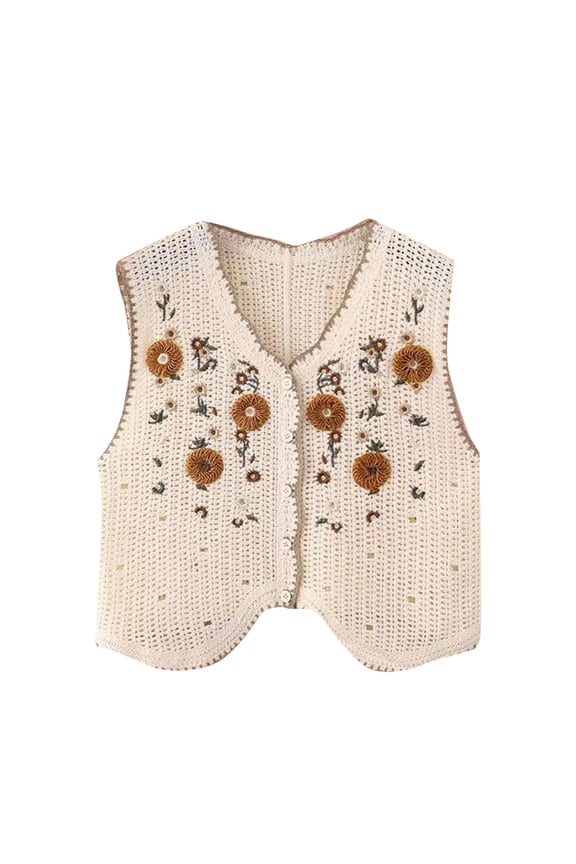 Women's Floral Crochet Vest Hollow Out Open Front Vintage Boho Lace Button Sleeveless Crochet Knit Cardigan ,Beige