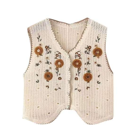 Felirenzacia Women's Floral Crochet Vest Hollow Out Open Front Vintage Boho Lace Button Sleeveless Crochet Knit Cardigan,Beige,Free Size