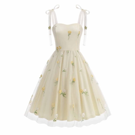 Felirenzacia Women's Floral Embroidered Tulle Layered Dress, Cinched Waist Square Neck Ribbon Strap Sling Midi Dress, Beige,XL