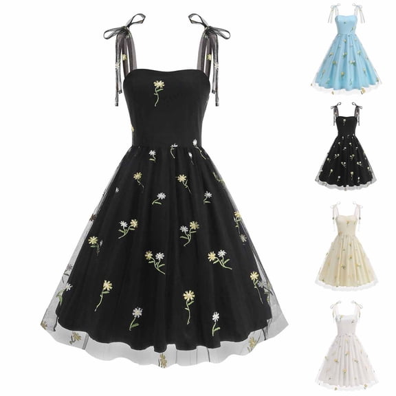 Felirenzacia Women's Floral Embroidered Tulle Layered Dress, Cinched Waist Square Neck Ribbon Strap Sling Midi Dress, Black,S