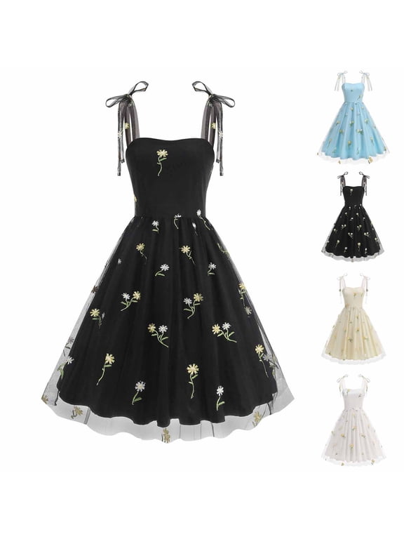 Women's Floral Embroidered Tulle Layered Dress, Cinched Waist Square Neck Ribbon Strap Sling Midi Dress, Black,S