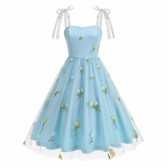 Felirenzacia Women's Floral Embroidered Tulle Layered Dress, Cinched Waist Square Neck Ribbon Strap Sling Midi Dress, Blue,2XL