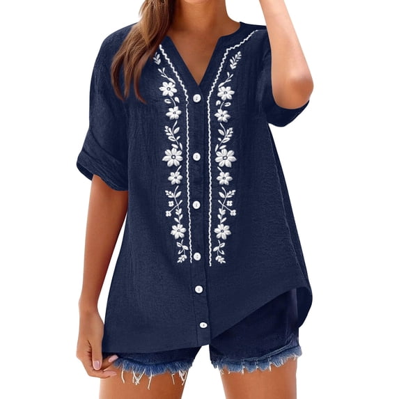 Felirenzacia Women's Floral Embroidery Linen Button Down Collarless Short Sleeves Shirt Summer Comfy Lightweight V Neck Boho Top Navy,M