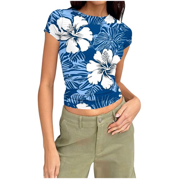 Felirenzacia Women's Floral Graphic Short Sleeves Tee Tops Slim Fitted Summer Hawaiian Crop Tops Blue,M