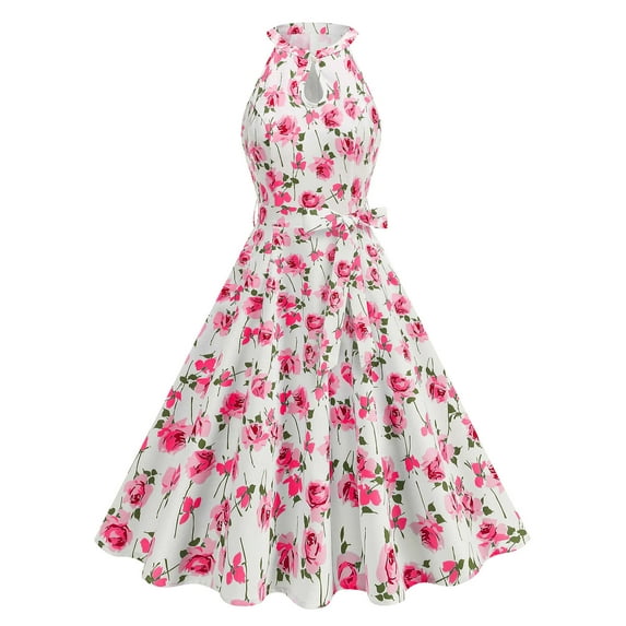 Felirenzacia Women's Flowral Printed Sleeveless Halter Dress Wedding Guests Elegant A Line Cinched Waist Wide Dress, Hot Pink,S