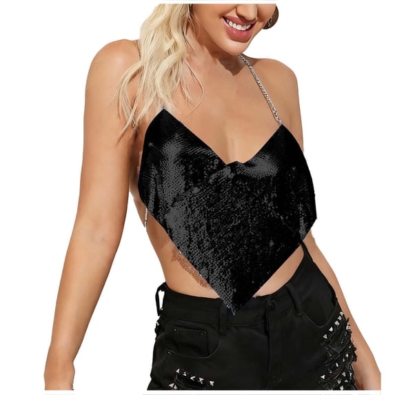 Felirenzacia Women’s Glitter Sequin Halter Chain String Tank Top Sleeveless Open Back Party Night Out Clubwear, Black,Free Size