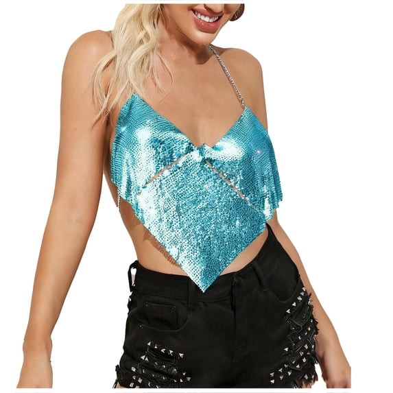Felirenzacia Women’s Glitter Sequin Halter Chain String Tank Top Sleeveless Open Back Party Night Out Clubwear, Light Blue,Free Size
