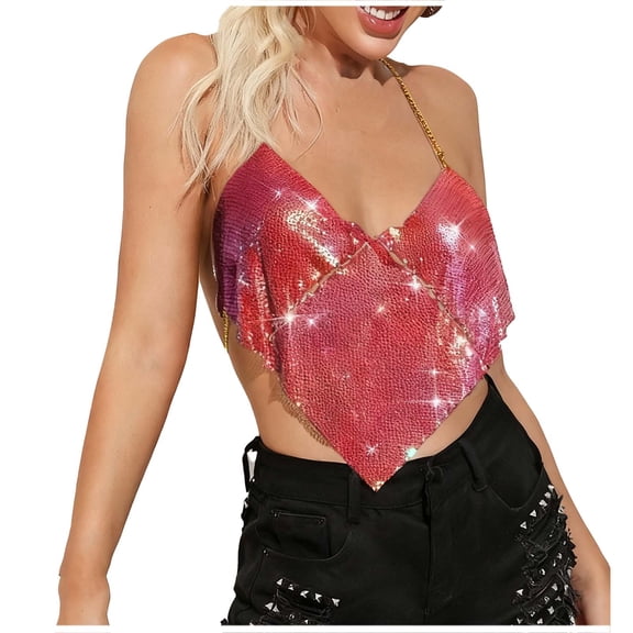 Felirenzacia Women’s Glitter Sequin Halter Chain String Tank Top Sleeveless Open Back Party Night Out Clubwear, Red,Free Size