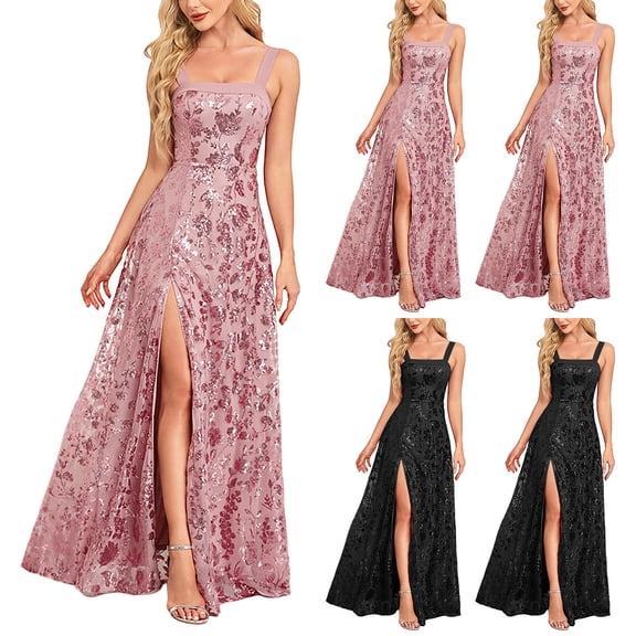Felirenzacia Women's Glitter Sparkly Sequin Evening Gowns, Sleeveless Square Neck High Slit Wide Strap Maxi Long Dress for Party, Pink,S