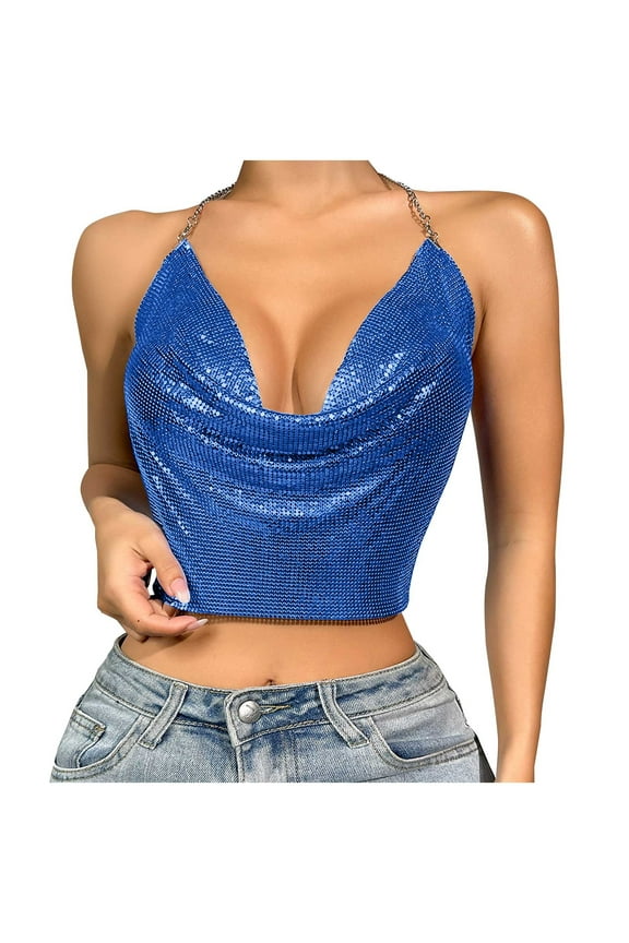 Women's Glossy Halter Neck Cropped Tank, Blue,M