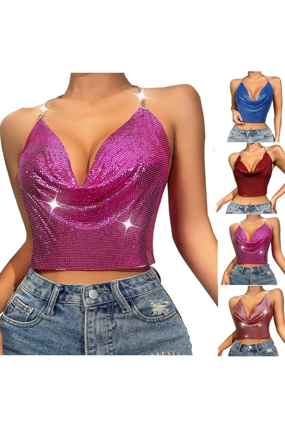 Women's Glossy Halter Neck Cropped Tank, Hot Pink,L