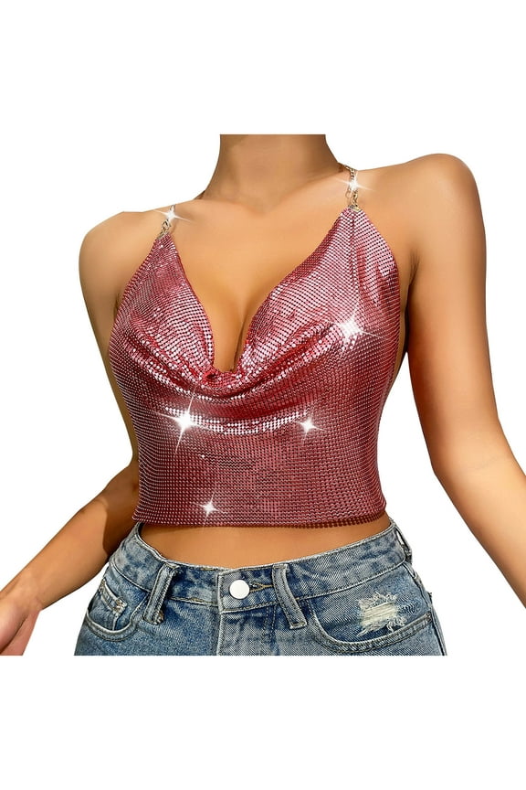 Women's Glossy Halter Neck Cropped Tank, Watermelon Red,S