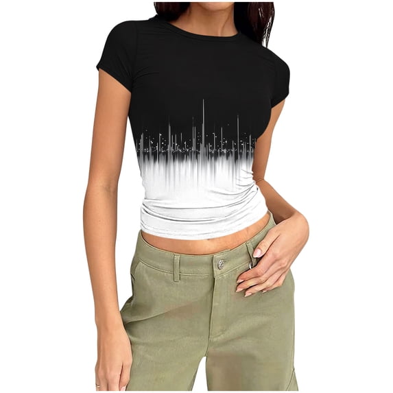 Felirenzacia Women's Graphic Crop Top Short Sleeve Soundwave Print Black and White Gradient Casual Tee Black,XXL