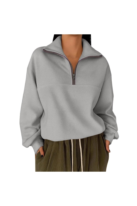 Women's Half Zip Pullover Sweatshirt, Solid Color Long Sleeve Casual Loose Hoodie with Quartered Zip Front, S-3XL