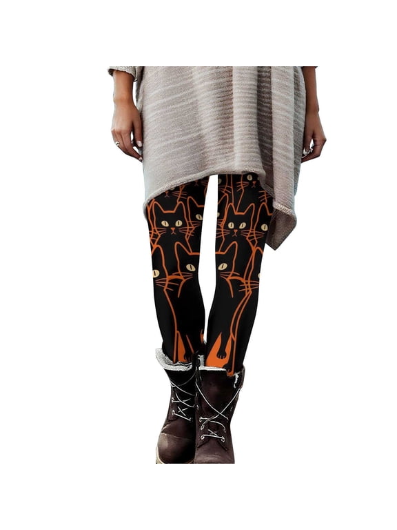 Women's Halloween Leggings Cat Pattern Stretchy Printed Legging Tights Hight Waisted Yoga Pants Halloween Kitty Print Pajama Pants