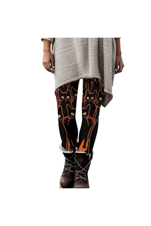 Women's Halloween Leggings Cat Pattern Stretchy Printed Legging Tights Hight Waisted Yoga Pants Halloween Kitty Print Pajama Pants