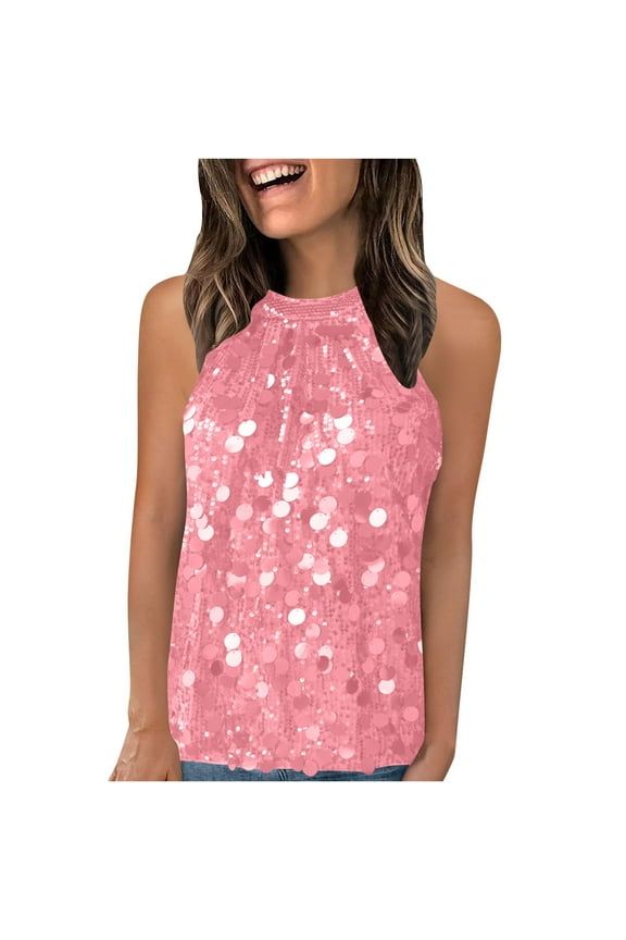 Women's Halter Crew Neck Sequin Tank Top, Summer Casual Sleeveless Sparkly Sequin Blouse Top, Pink,S