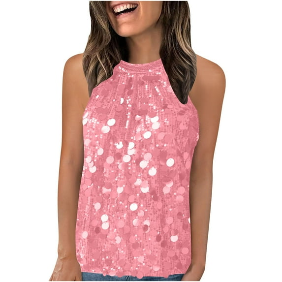 Felirenzacia Women's Halter Crew Neck Sequin Tank Top, Summer Casual Sleeveless Sparkly Sequin Blouse Top, Pink,XL
