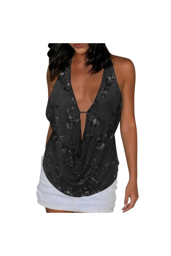Women's Halter Crowl Neck Solid Sequin Loose Backless Tank Top, Sexy Open Back Club Party Wear, Black,M