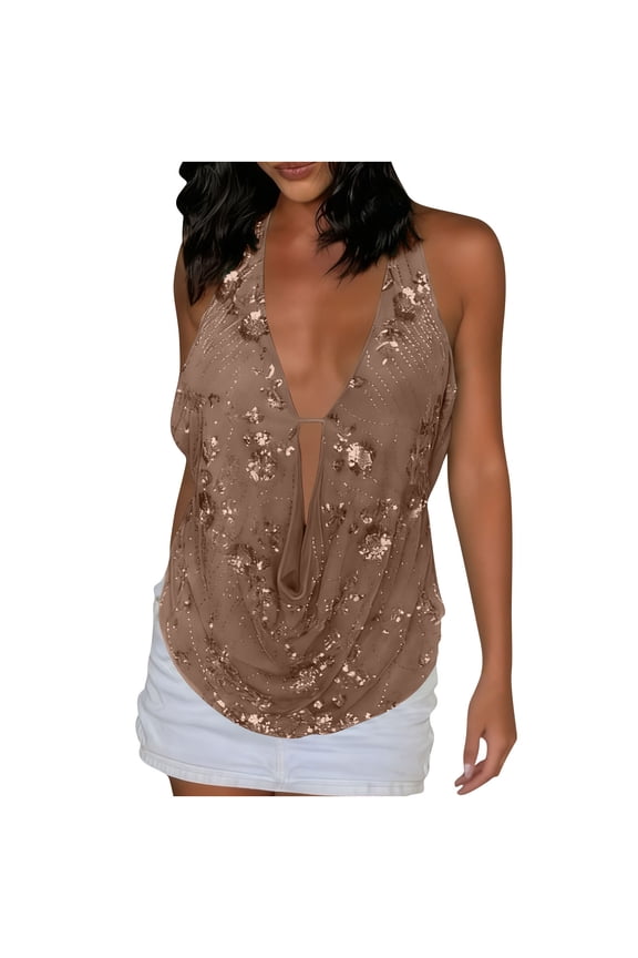 Women's Halter Crowl Neck Solid Sequin Loose Backless Tank Top, Sexy Open Back Club Party Wear, Brown,XL