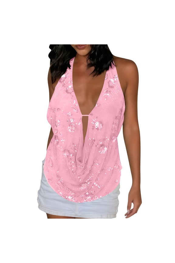 Women's Halter Crowl Neck Solid Sequin Loose Backless Tank Top, Sexy Open Back Club Party Wear, Pink,S