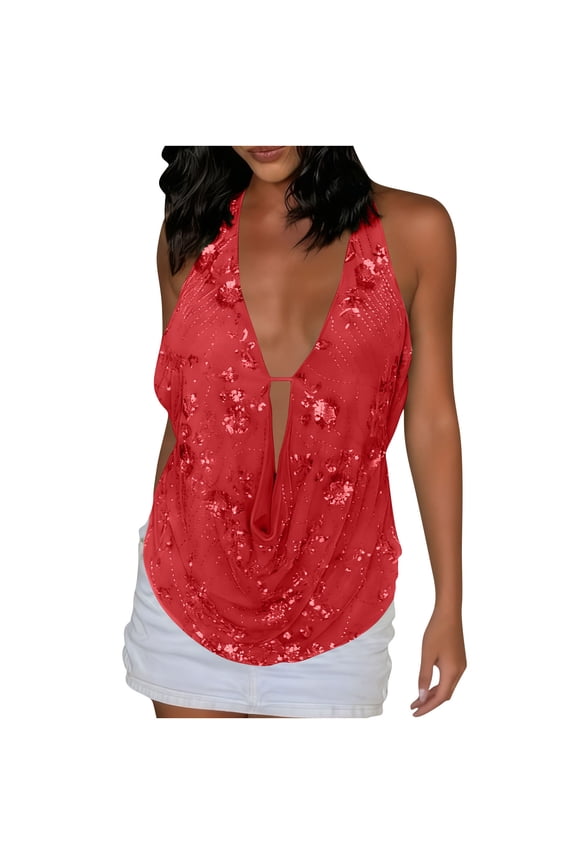 Women's Halter Crowl Neck Solid Sequin Loose Backless Tank Top, Sexy Open Back Club Party Wear, Red,S