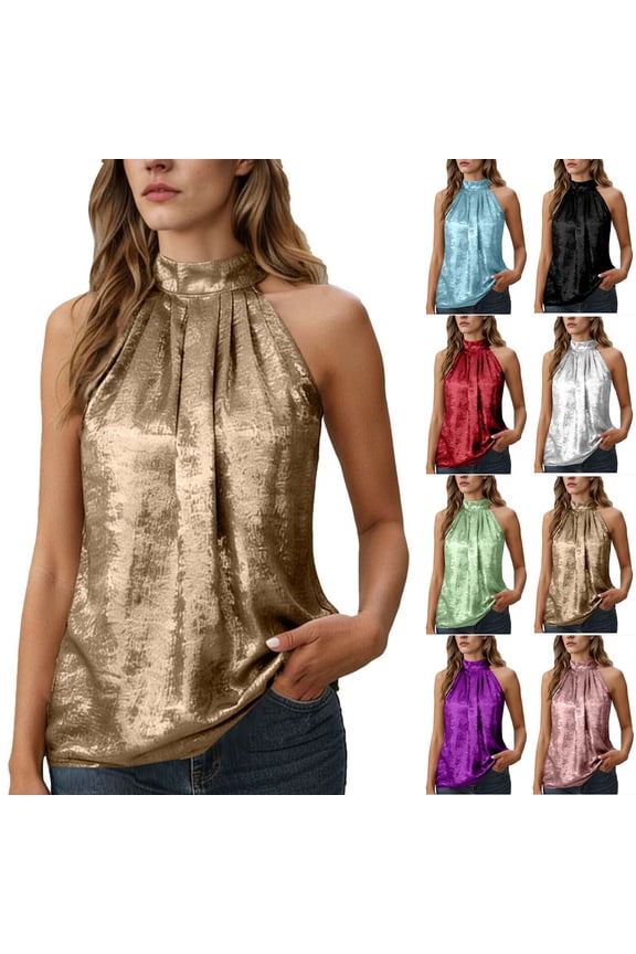 Women's Halter Neck Tank, Silk Satin Pleated Front Sleeveless Blouse,Gold,M
