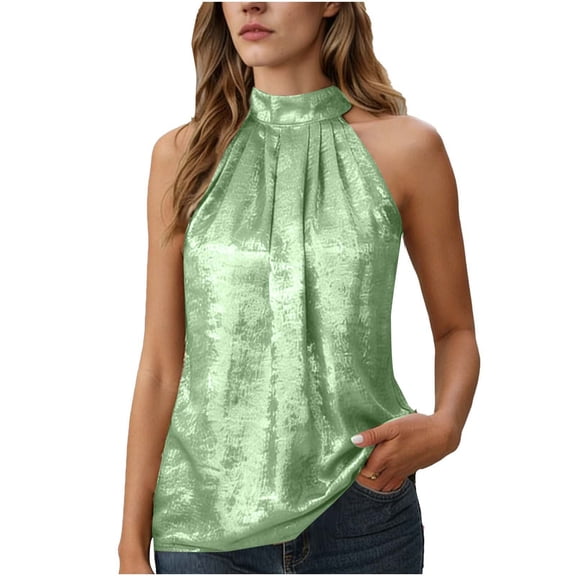 Felirenzacia Women's Halter Neck Tank, No Boundaries Silk Satin Pleated Front Sleeveless Blouse,Green,XL
