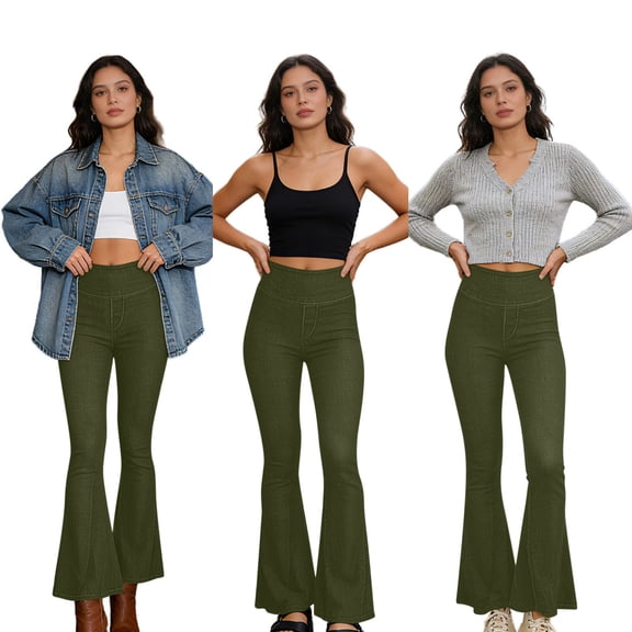 Felirenzacia Women's High Elastic Wasitband Skinny Flare Leggings, Seamless Fitness 4 Way Stretch Yoga Bootcut Athletic Pants, Army Green,M