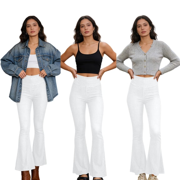 Felirenzacia Women's High Elastic Wasitband Skinny Flare Leggings, Seamless Fitness 4 Way Stretch Yoga Bootcut Athletic Pants, White,M