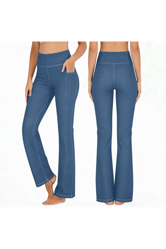 Women's High Rise Flare Jeans, Seamless Fitness Stretchy Bootcut Yoga Jeggings, Blue Denim Pants with 4 Pockets,L