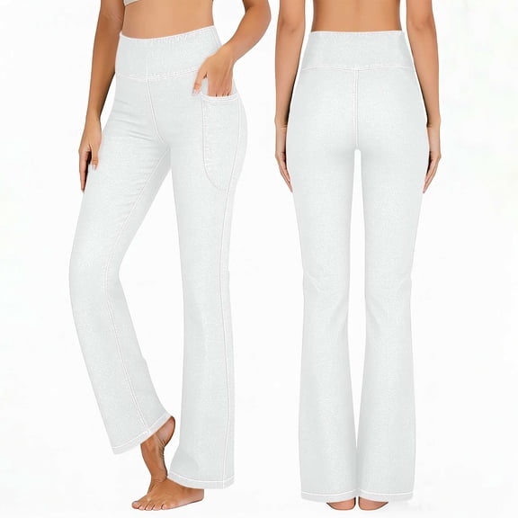 Felirenzacia Women's High Rise Flare Jeans, Seamless Fitness Stretchy Bootcut Yoga Jeggings, White Denim Pants with 4 Pockets,L