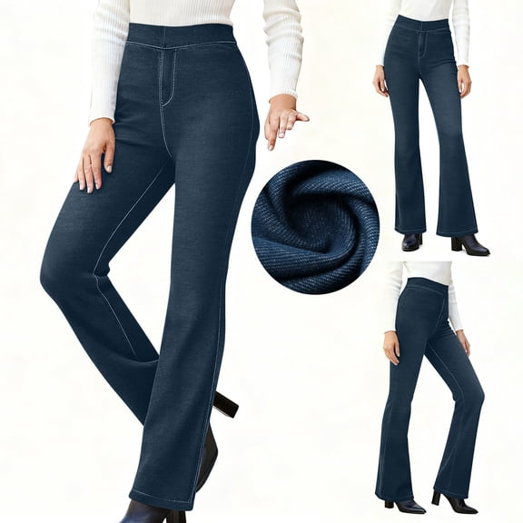 Felirenzacia Women's High Wasit Bootcut Jeans no Pocket, 4 Way Stretch Fitness Flare Jeggings Dark Blue Denim Pants,L