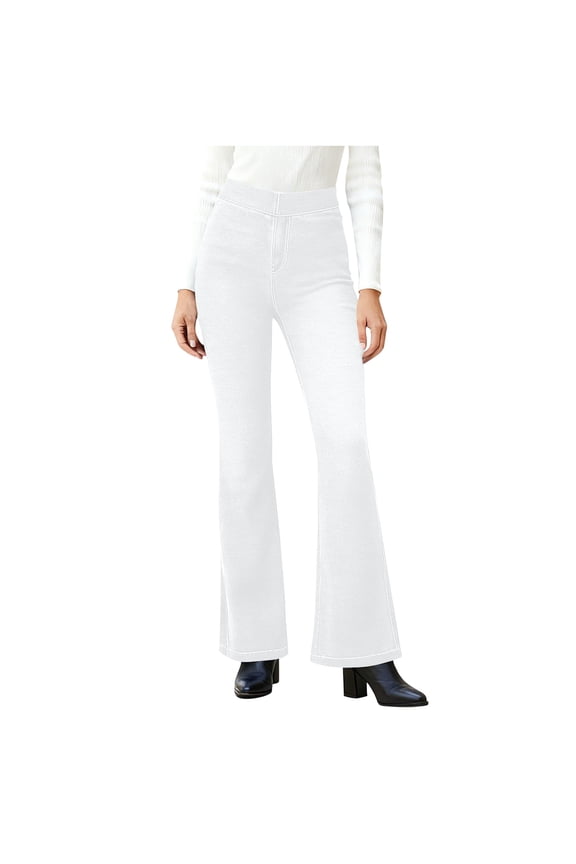 Women's High Wasit Bootcut Jeans no Pocket, 4 Way Stretch Fitness Flare Jeggings White Denim Pants,M