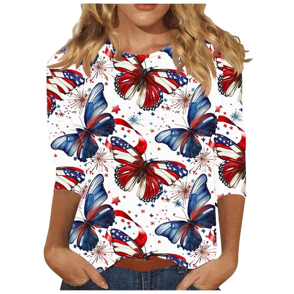 Felirenzacia Women's Holiday Blouse, Patriotic Butterfly Print T-Shirt, Red, White, Blue, 3/4 Sleeve Top, 4th of July, Casual Pullover