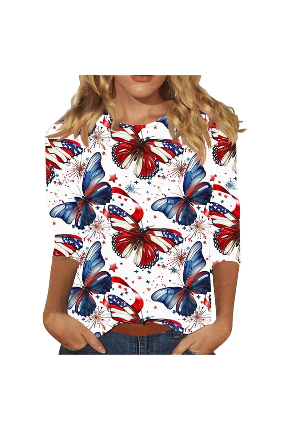 Women's Holiday Blouse, Patriotic Butterfly Print T-Shirt, Red, White, Blue, 3/4 Sleeve Top, 4th of July, Casual Pullover