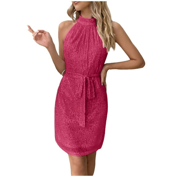Felirenzacia Women's Hot Pink Sequin Sleeveless Halter Dress, Sexy Glittering Sparkling Party Dress, Hot Pink,M