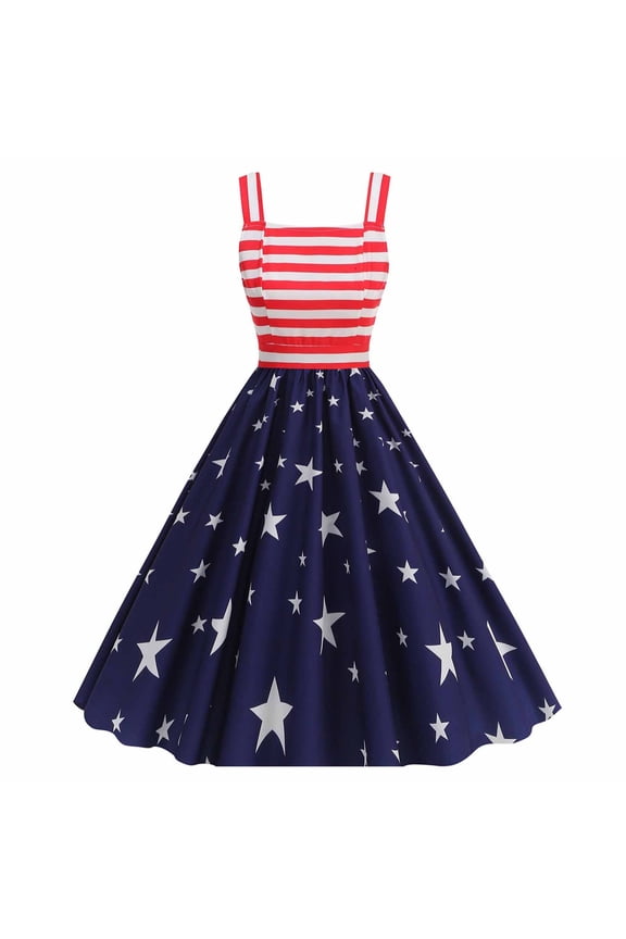 Women's Independence Day Patriotic Print Dress, Striped Star Dress, Square Neck Wide Strap Cinched A Line Wide Skirt, Red,M