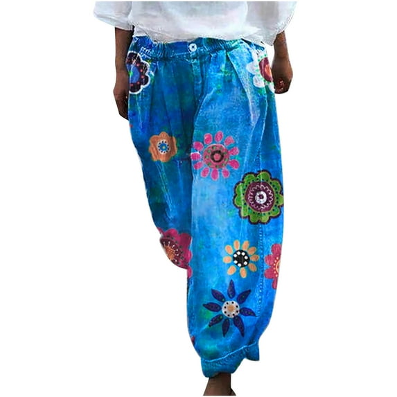 Felirenzacia Women's Jeans Mid Rise Stretchy Elastic Waist Denim Pants Y2K Style Wide Leg Casual Comfy Floral Print Jeans