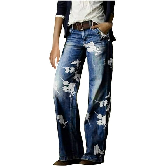 Felirenzacia Women's Jeans Y2K Style Straight Leg Floral Print Jeans Mid Rise Stretchy Welt Pockets Denim Pants